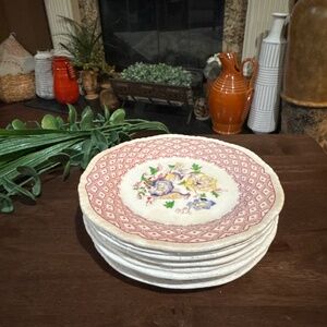 Antique 1920’s Somerset Burgundy Rose 3 Dessert Plates/4  Saucers Shelton